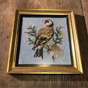 Vintage Signed and Dated Hand Embroidered Goldfinch Bird Wall Art